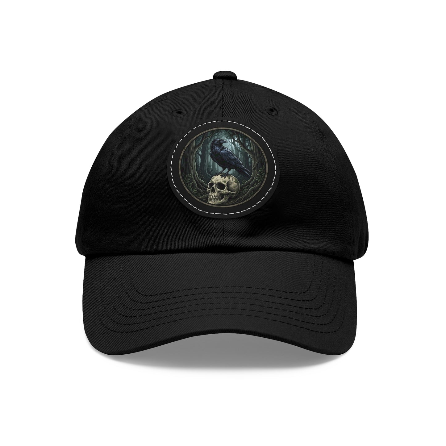 Skull & Raven Leather Patch Dad Hat — Gothic Skull Crown Cap