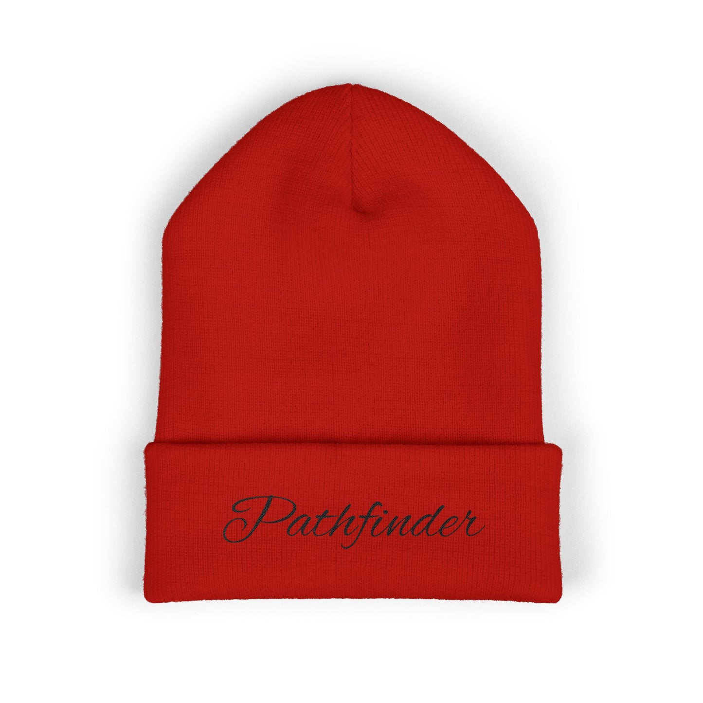 Pathfinder Embroidered Cuffed Beanie — Cozy Script Knit Hat for Outdoor Adventure, Travel & Everyday Wear