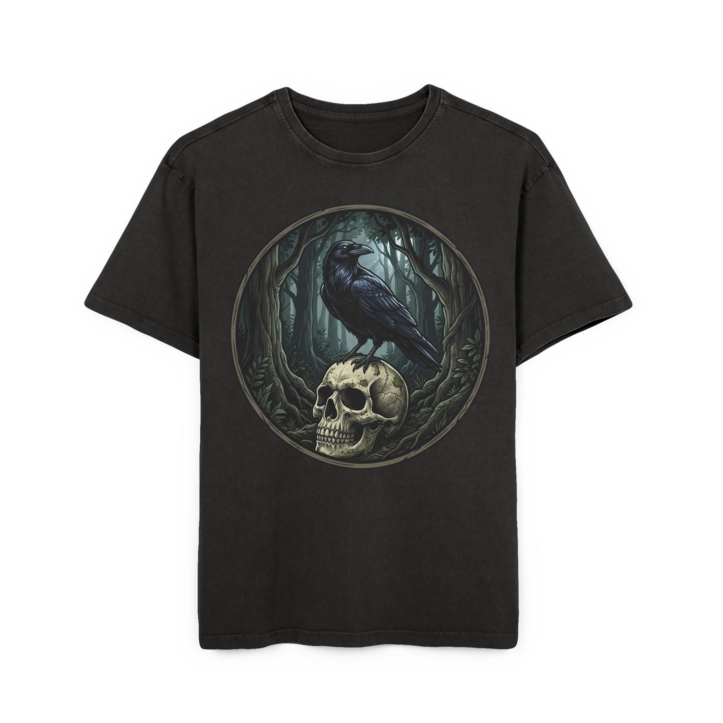 Raven & Skull Graphic Tee — Gothic Forest Acid Wash T-Shirt