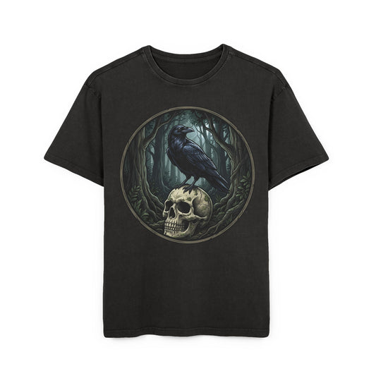 Raven & Skull Graphic Tee — Gothic Forest Acid Wash T-Shirt