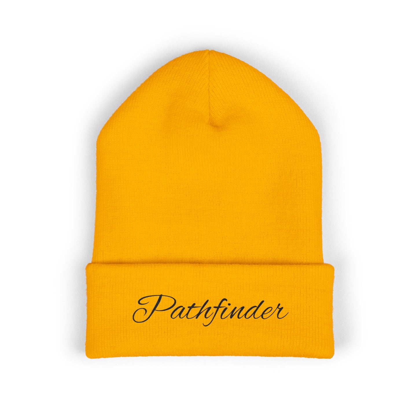 Pathfinder Embroidered Cuffed Beanie — Cozy Script Knit Hat for Outdoor Adventure, Travel & Everyday Wear