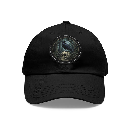Skull & Raven Leather Patch Dad Hat — Gothic Skull Crown Cap