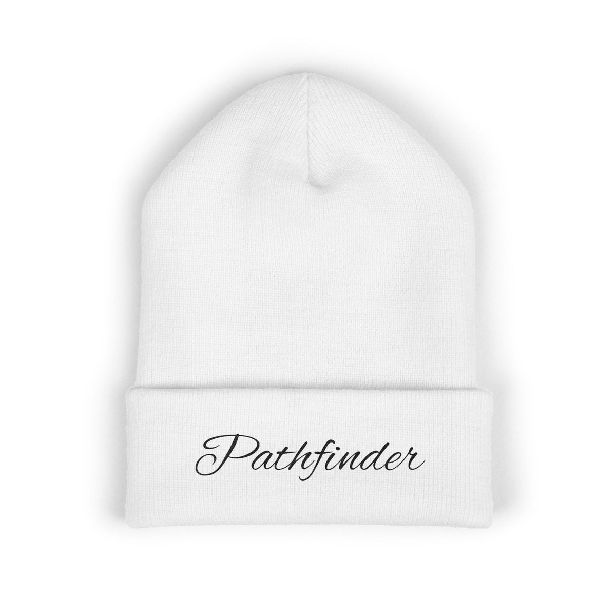 Pathfinder Embroidered Cuffed Beanie — Cozy Script Knit Hat for Outdoor Adventure, Travel & Everyday Wear
