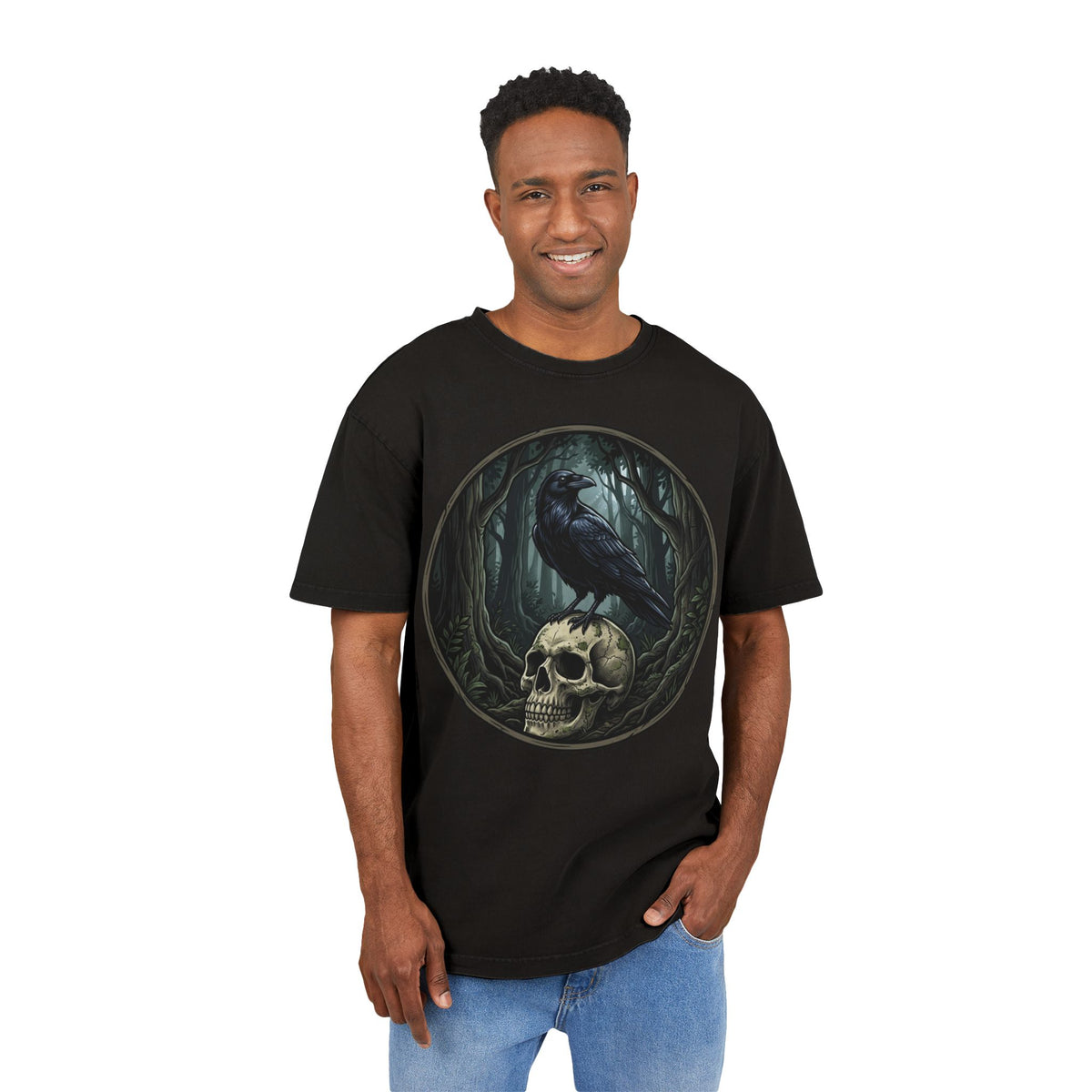 Raven & Skull Graphic Tee — Gothic Forest Acid Wash T-Shirt