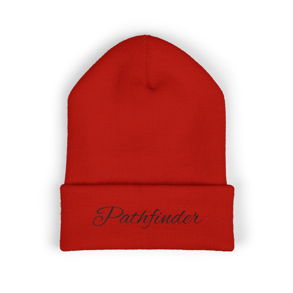 Pathfinder Embroidered Cuffed Beanie — Cozy Script Knit Hat for Outdoor Adventure, Travel & Everyday Wear